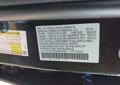 2025 Honda Ridgeline Trailsport from USA, damaged, VIN 5FPYK3F64SB007040